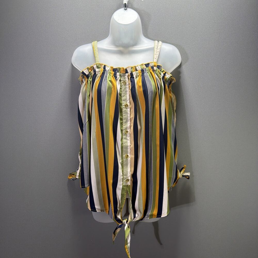 Mileage Women’s 2X Multi Striped Woven Cold Shoulder Button-Up Blouse NWT